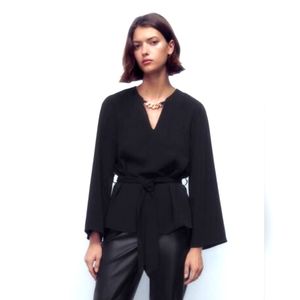 Belted Black Zara Blouse w Gold Chain Neck detail. Size Small. NWT